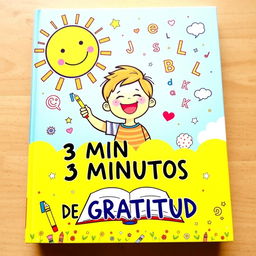 A colorful and playful cover design for a children's gratitude journal, centered around the themes of joy and reflection