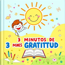 A colorful and playful cover design for a children's gratitude journal, centered around the themes of joy and reflection