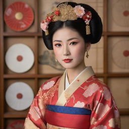 A poised woman gracefully adorned in richly colored traditional Japanese attire, with intricate patterns creating a mesmerizing display of Japanese culture.