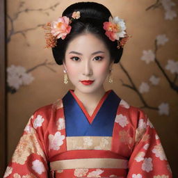 A poised woman gracefully adorned in richly colored traditional Japanese attire, with intricate patterns creating a mesmerizing display of Japanese culture.