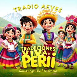 A colorful Disney Pixar-style poster showcasing a variety of traditional Peruvian costumes