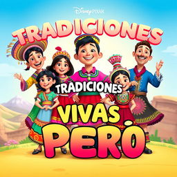 A colorful Disney Pixar-style poster showcasing a variety of traditional Peruvian costumes