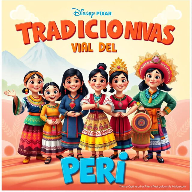 A colorful Disney Pixar-style poster showcasing a variety of traditional Peruvian costumes