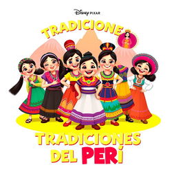 A colorful Disney Pixar-style poster showcasing a variety of traditional Peruvian costumes