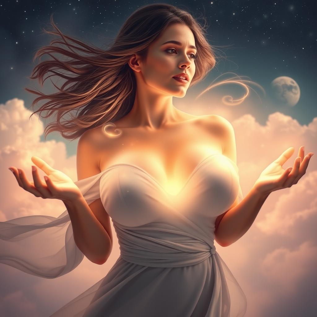 A fantastical scene of a beautiful woman experiencing a magical moment where her breasts are expanding in size, surrounded by a glowing aura of light