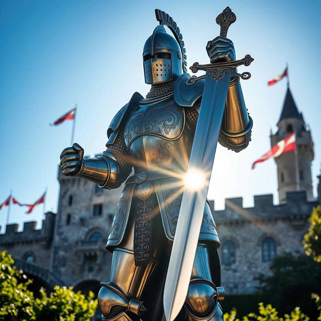 A beautifully crafted knight made of wrought iron, standing proudly with a shining silver sword