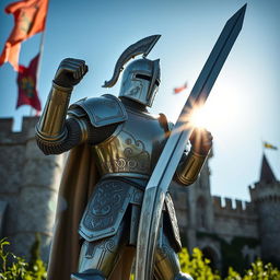 A beautifully crafted knight made of wrought iron, standing proudly with a shining silver sword