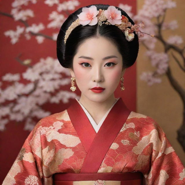 A poised woman gracefully adorned in richly colored traditional Japanese attire, with intricate patterns creating a mesmerizing display of Japanese culture.