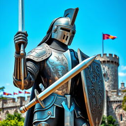 A beautifully crafted knight made of wrought iron, standing proudly with a shining silver sword