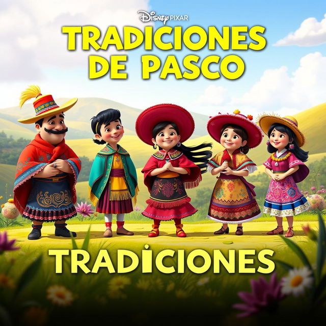 A vibrant Disney Pixar-style poster showcasing traditional costumes from the Pasco region of Peru