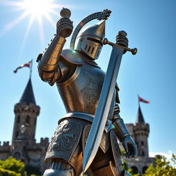 A beautifully crafted knight made of wrought iron, standing proudly with a shining silver sword