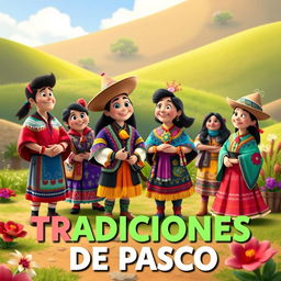 A vibrant Disney Pixar-style poster showcasing traditional costumes from the Pasco region of Peru