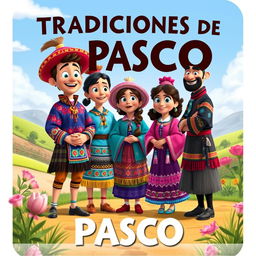 A vibrant Disney Pixar-style poster showcasing traditional costumes from the Pasco region of Peru