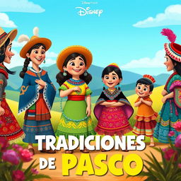 A vibrant Disney Pixar-style poster showcasing traditional costumes from the Pasco region of Peru