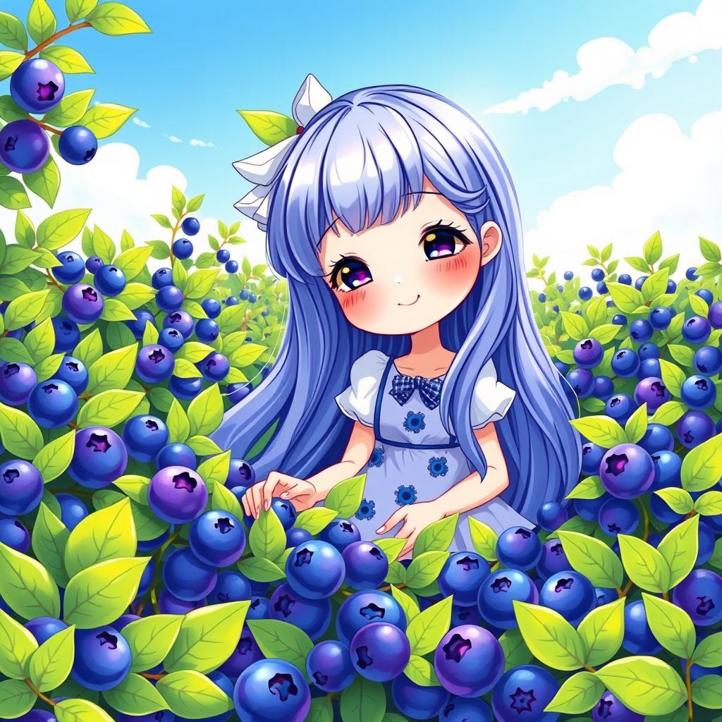 A whimsical and colorful illustration of a girl surrounded by blueberries, with vibrant blue and purple hues