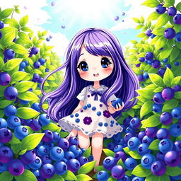 A whimsical and colorful illustration of a girl surrounded by blueberries, with vibrant blue and purple hues