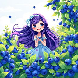 A whimsical and colorful illustration of a girl surrounded by blueberries, with vibrant blue and purple hues