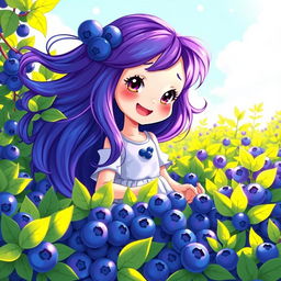 A whimsical and colorful illustration of a girl surrounded by blueberries, with vibrant blue and purple hues