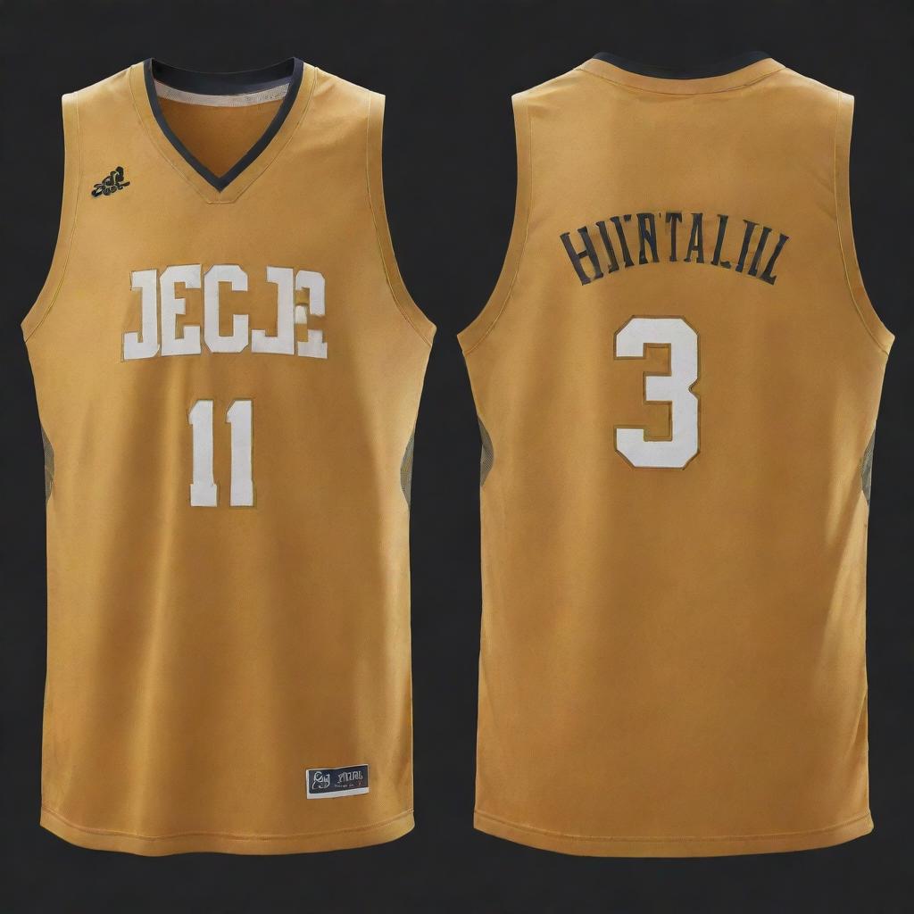 Front and back view of a basketball jersey in a rich, gleaming gold color. The design features, such as team logo on the front and player's number on the back, both shine in the luxurious gold hue.