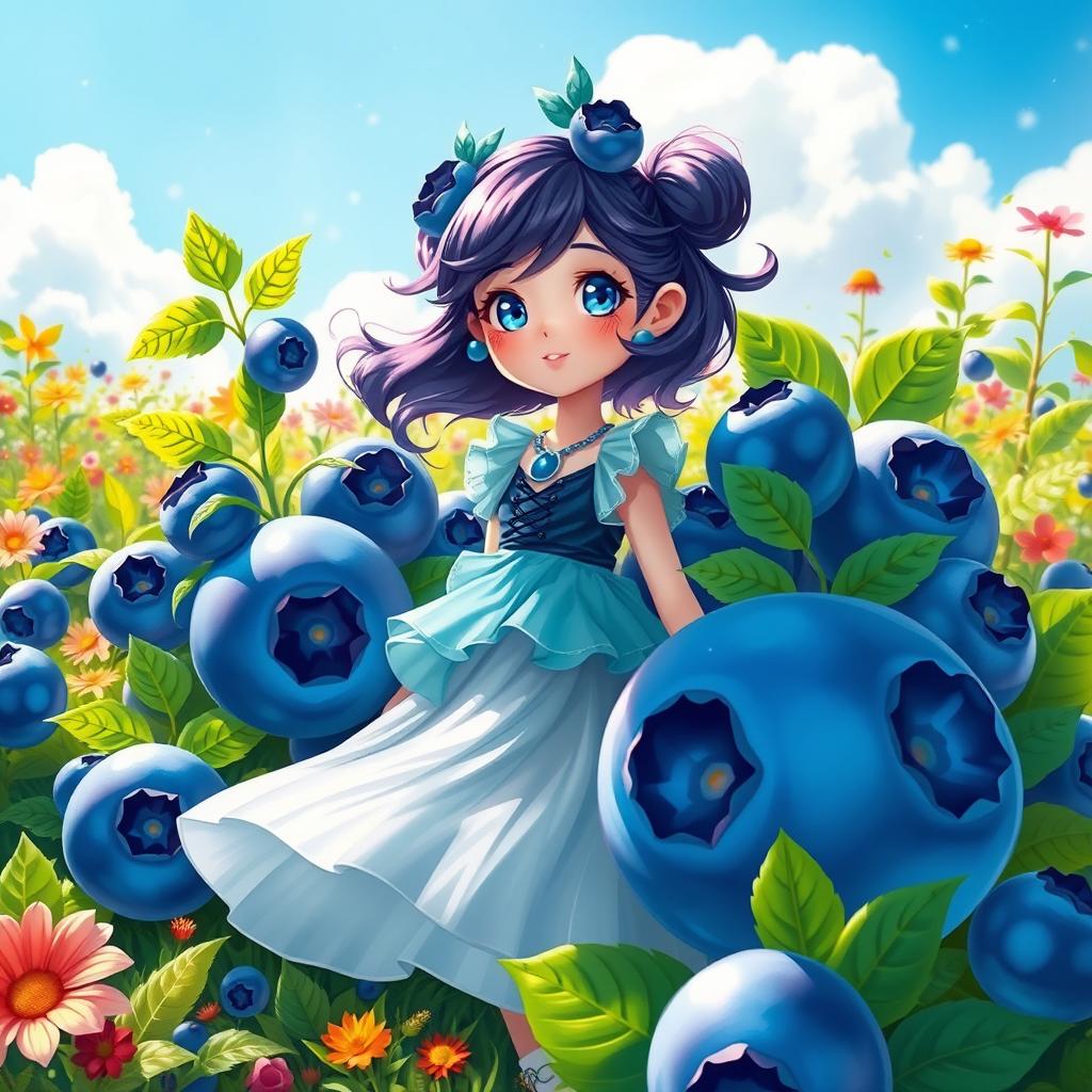 A whimsical scene depicting a girl surrounded by oversized, vibrant blueberries in a lush garden