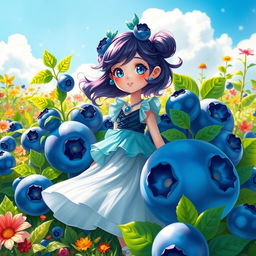 A whimsical scene depicting a girl surrounded by oversized, vibrant blueberries in a lush garden