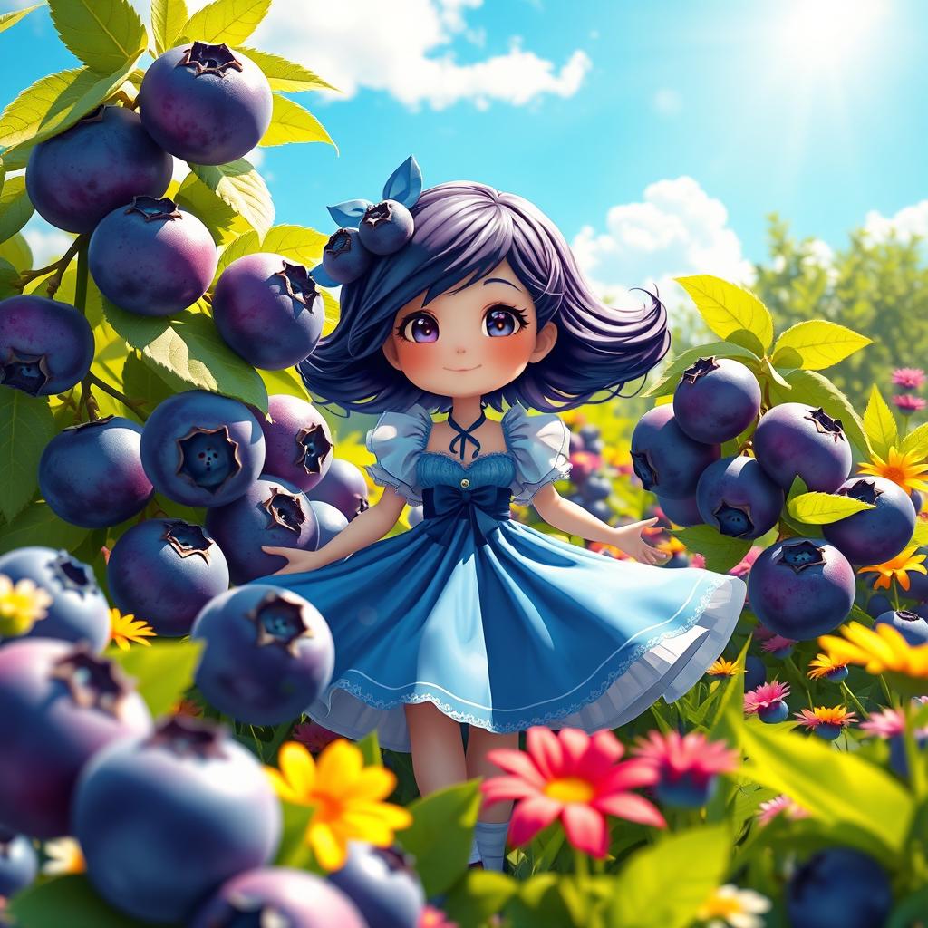 A whimsical scene depicting a girl surrounded by oversized, vibrant blueberries in a lush garden