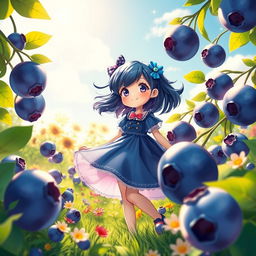 A whimsical scene depicting a girl surrounded by oversized, vibrant blueberries in a lush garden