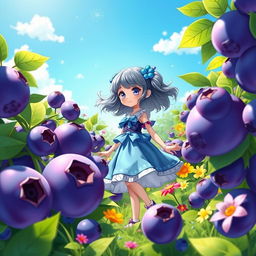 A whimsical scene depicting a girl surrounded by oversized, vibrant blueberries in a lush garden