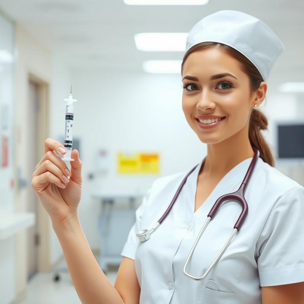 A nurse in a bright, modern hospital setting, holding a syringe with a focused and caring expression