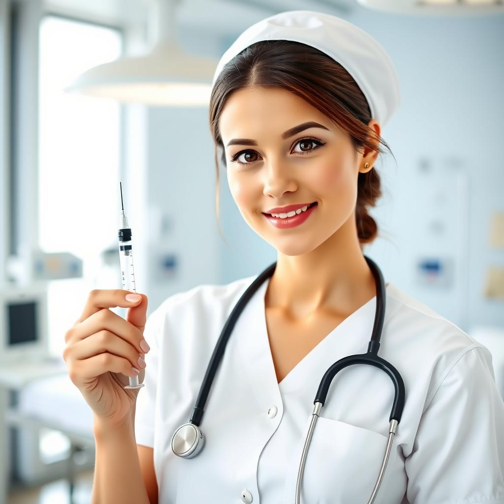 A nurse in a bright, modern hospital setting, holding a syringe with a focused and caring expression