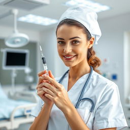 A nurse in a bright, modern hospital setting, holding a syringe with a focused and caring expression