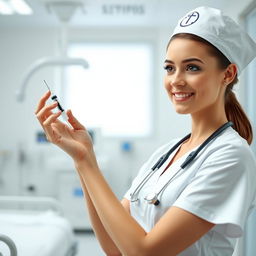 A nurse in a bright, modern hospital setting, holding a syringe with a focused and caring expression