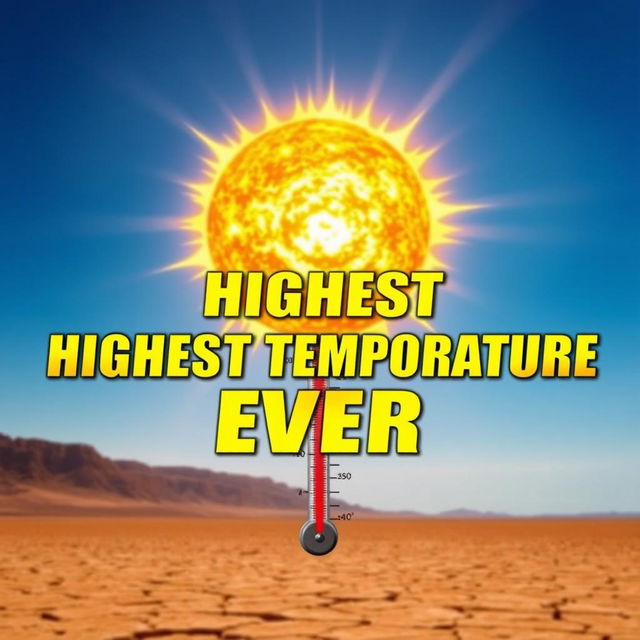 A captivating YouTube thumbnail illustrating the concept of the highest temperature ever recorded, featuring a blazing sun in a vibrant blue sky