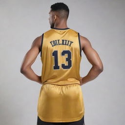 Front and back view of a basketball jersey in a rich, gleaming gold color. The design features, such as team logo on the front and player's number on the back, both shine in the luxurious gold hue.