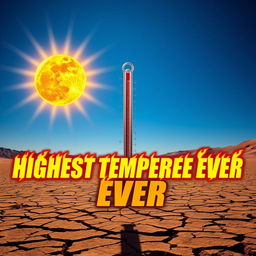 A captivating YouTube thumbnail illustrating the concept of the highest temperature ever recorded, featuring a blazing sun in a vibrant blue sky