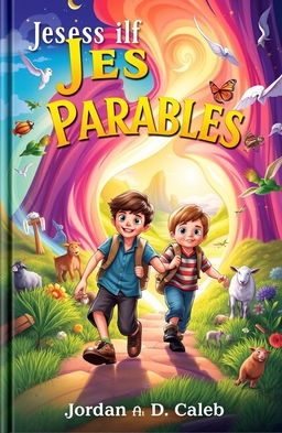 The cover features two adventurous young boys named Jordan and Caleb, stepping through a glowing, swirling portal into a vibrant, fantastical world filled with colorful landscapes and whimsical elements