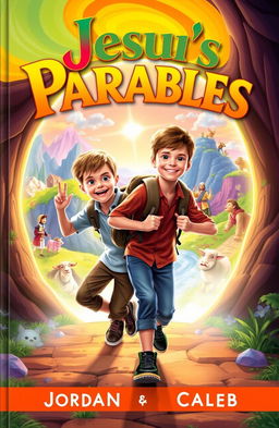 The cover features two adventurous young boys named Jordan and Caleb, stepping through a glowing, swirling portal into a vibrant, fantastical world filled with colorful landscapes and whimsical elements