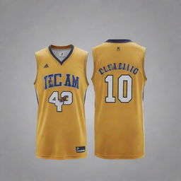 Front and back view of a basketball jersey in a rich, gleaming gold color. The design features, such as team logo on the front and player's number on the back, both shine in the luxurious gold hue.