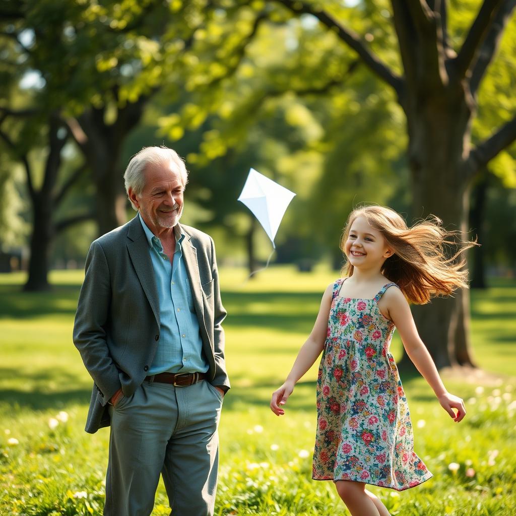 A mature man, perhaps in his 50s, with salt and pepper hair, wearing a smart casual outfit, standing in a sunny park