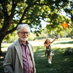 A mature man, perhaps in his 50s, with salt and pepper hair, wearing a smart casual outfit, standing in a sunny park