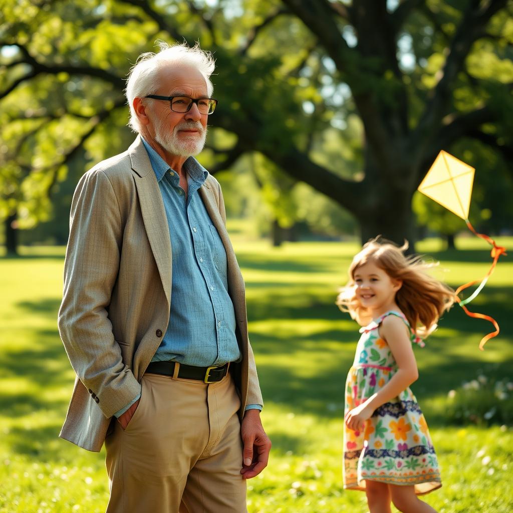 A mature man, perhaps in his 50s, with salt and pepper hair, wearing a smart casual outfit, standing in a sunny park