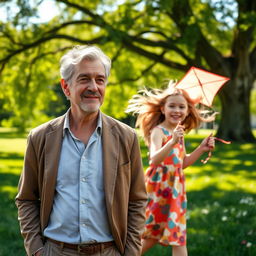 A mature man, perhaps in his 50s, with salt and pepper hair, wearing a smart casual outfit, standing in a sunny park