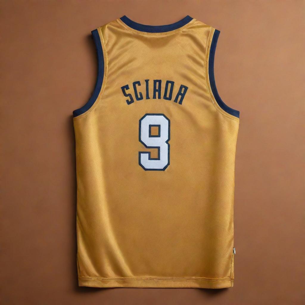 Front and back view of a basketball jersey in a rich, gleaming gold color. The design features, such as team logo on the front and player's number on the back, both shine in the luxurious gold hue.