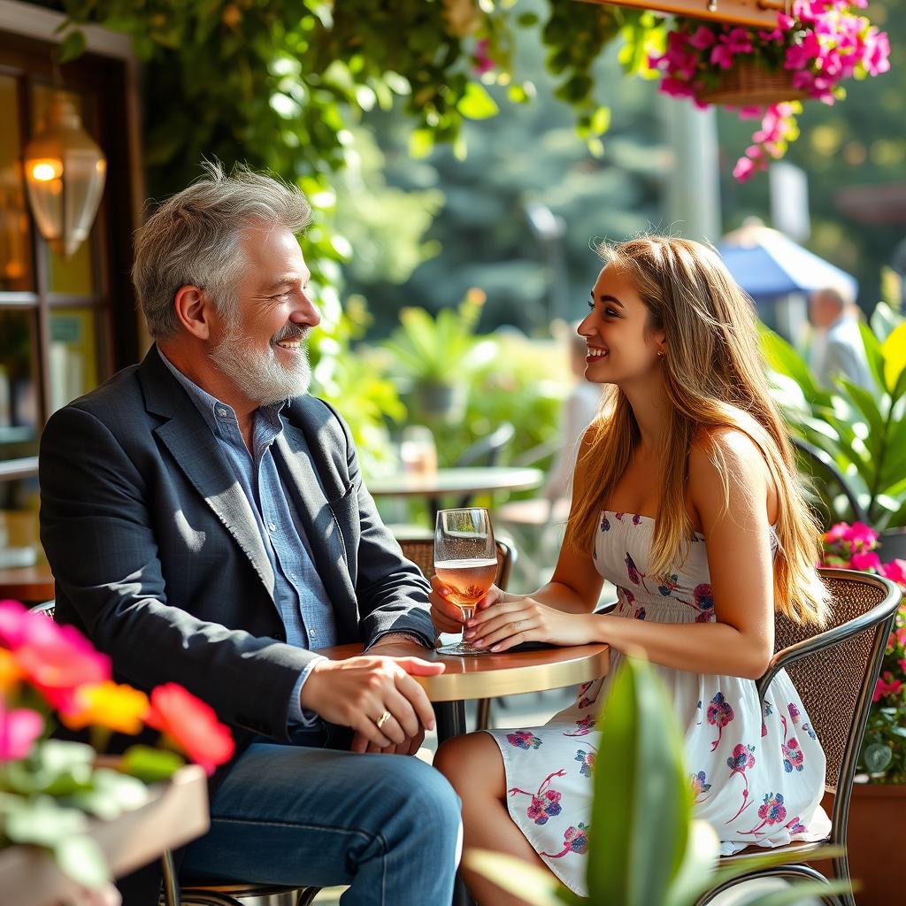 A mature man, around 50 years old, with distinguished salt and pepper hair, dressed in a stylish blazer and jeans, sharing a warm conversation with an 18-year-old woman