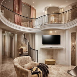 An exquisite living room, featuring a state-of-the-art curved television positioned elegantly by the stylish staircase amidst lavish decor.