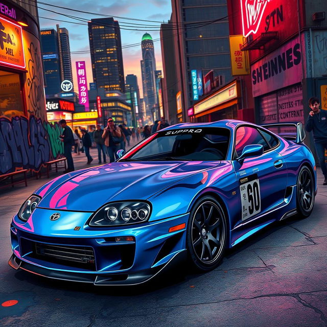 A stunningly detailed and realistic illustration of a Toyota Supra MK4, the legendary sports car recognized for its aerodynamic design and powerful engine