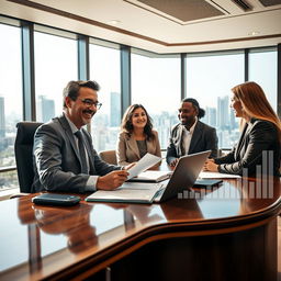 A captivating financial scene depicting a friendly loan officer in an upscale bank office, engaging with a couple seeking a home loan