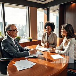 A captivating financial scene depicting a friendly loan officer in an upscale bank office, engaging with a couple seeking a home loan