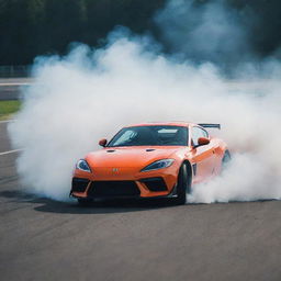 A fast-paced sports car majestically drifting on a race track, leaving a trail of smoke behind.