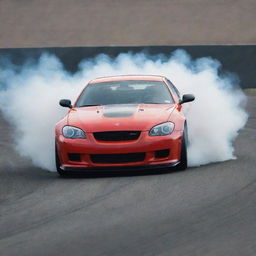 A fast-paced sports car majestically drifting on a race track, leaving a trail of smoke behind.